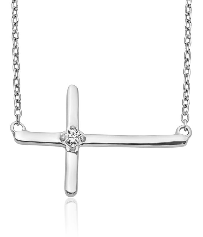 10K Solid White Gold Diamond Sideways Holy Cross Necklace Chain