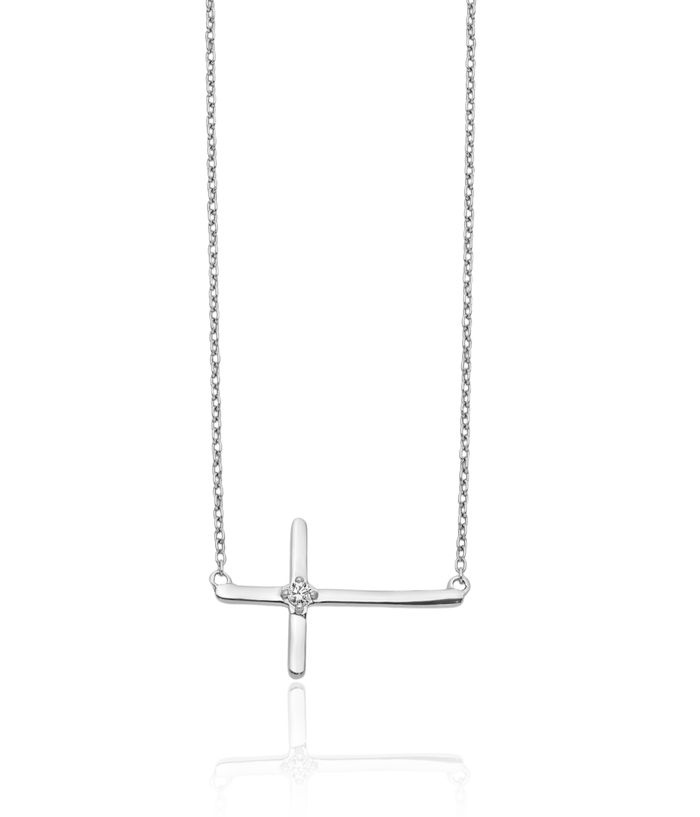10K Solid White Gold Diamond Sideways Holy Cross Necklace Chain