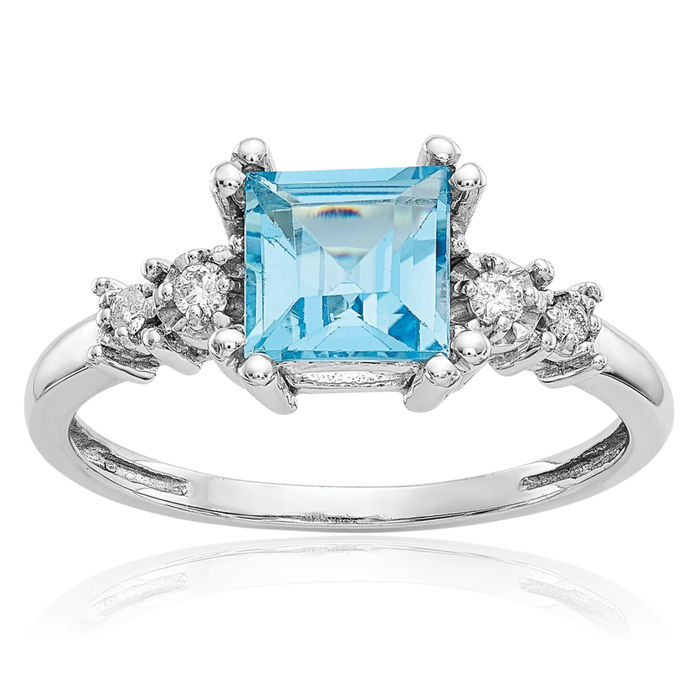 10K Solid White Gold Diamond Swiss Blue Topaz Ring Gemstone Band