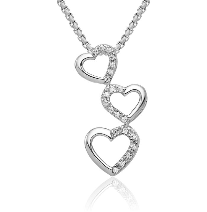 10K Solid White Gold Diamond Triple Heart Floating Chain Slide Pendant Necklace Charm