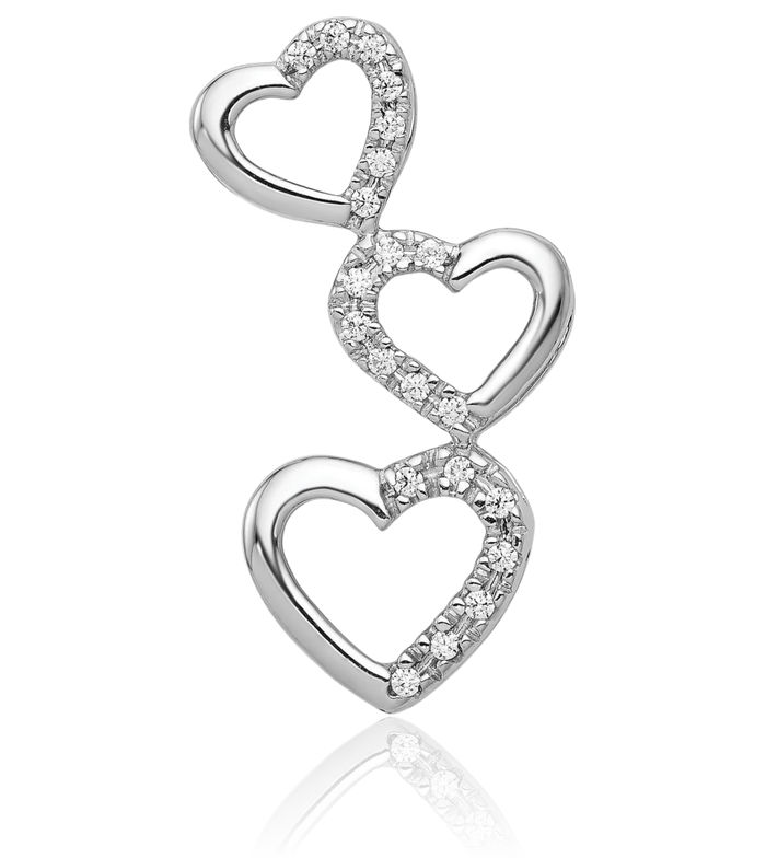 10K Solid White Gold Diamond Triple Heart Floating Chain Slide Pendant Necklace Charm