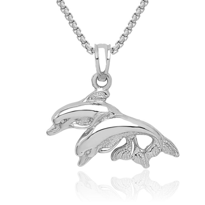 10K Solid White Gold Sea Dolphin Necklace Ocean Fish Pendant Summer Beach Nautical Charm