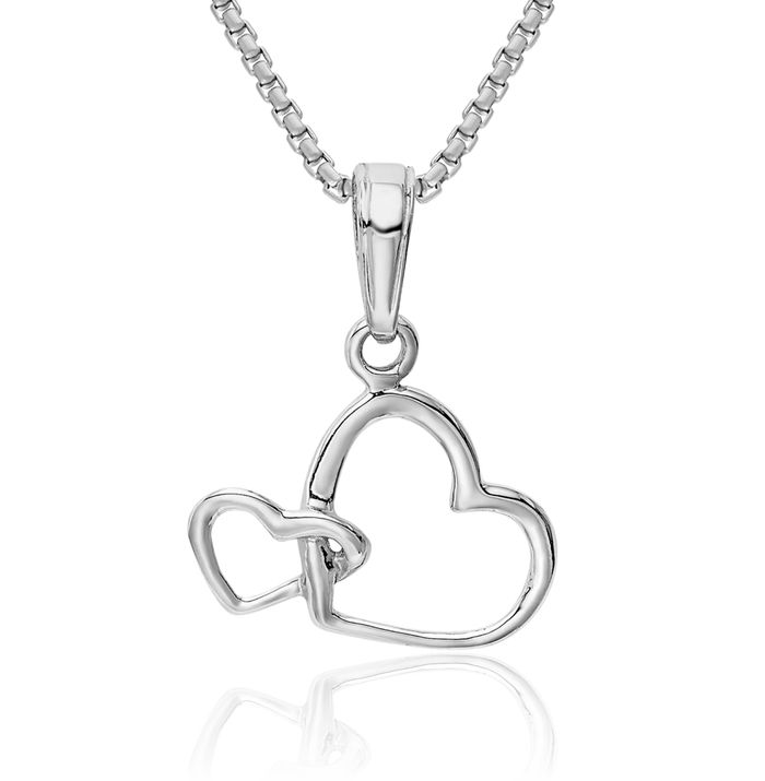 10K Solid White Gold Double Heart Necklace Love Pendant Charm