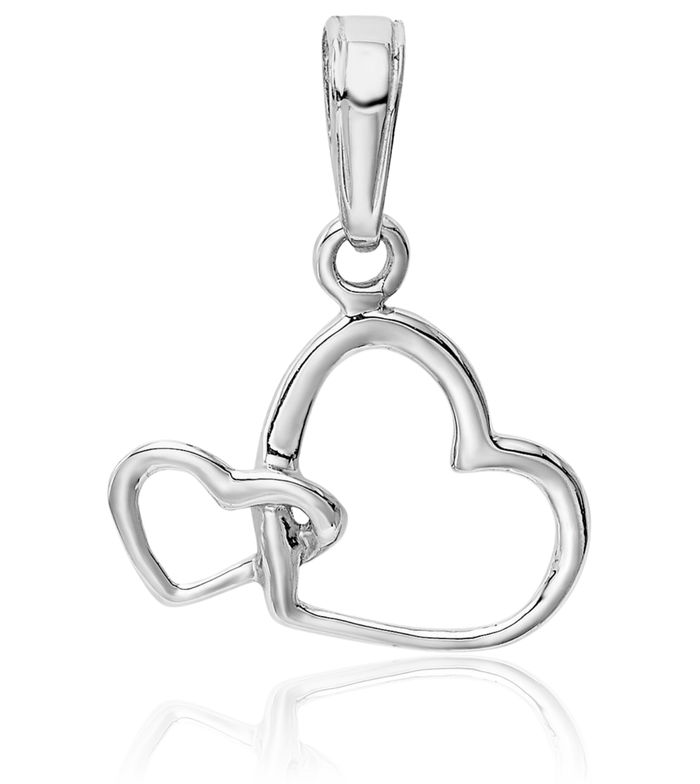 10K Solid White Gold Double Heart Necklace Love Pendant Charm