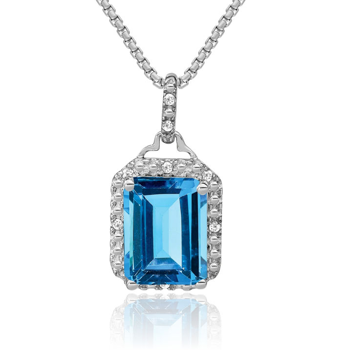 10K Solid White Gold Emerald-Cut Swiss Blue Topaz Diamond Halo Round Necklace Charm Gemstone Pendant