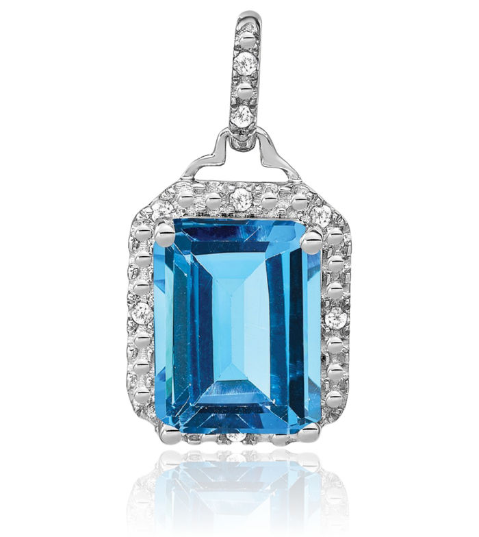 10K Solid White Gold Emerald-Cut Swiss Blue Topaz Diamond Halo Round Necklace Charm Gemstone Pendant