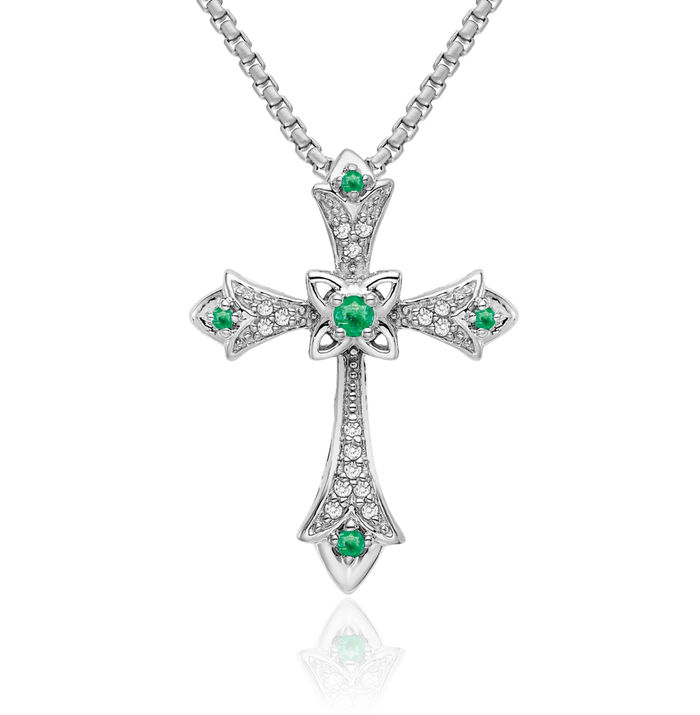 10K Solid White Gold Green Emerald Diamond Fleur De Lis Flower Holy Cross Floating Chain Slide Pendant Necklace Religious Jesus Christ Charm