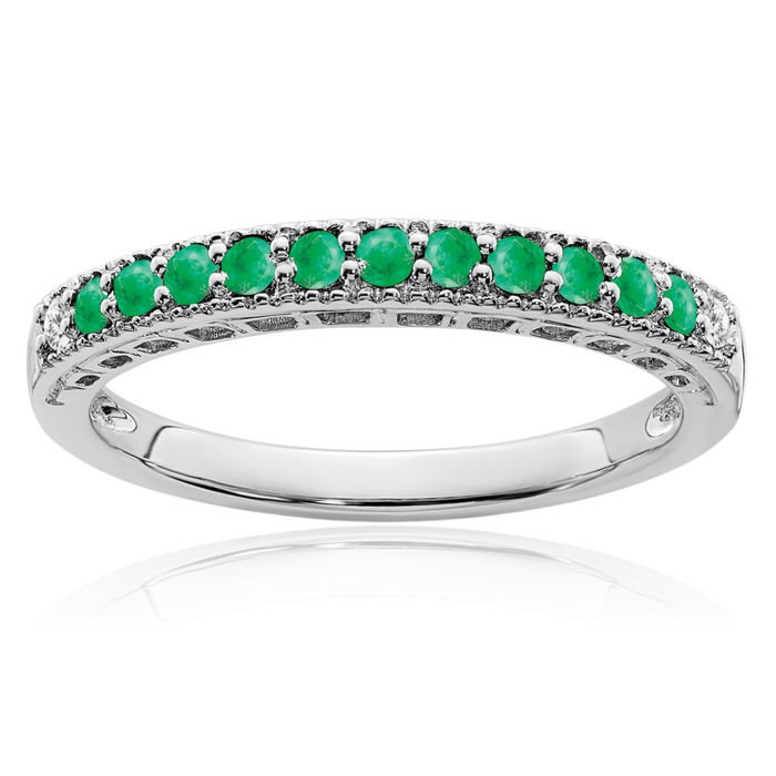 10K Solid White Gold Green Emerald Diamond Ring Gemstone Band