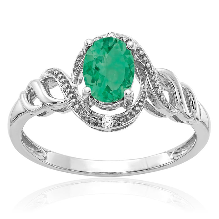 10K Solid White Gold Green Emerald Diamond Ring Gemstone Band May Birthstone Jewelry