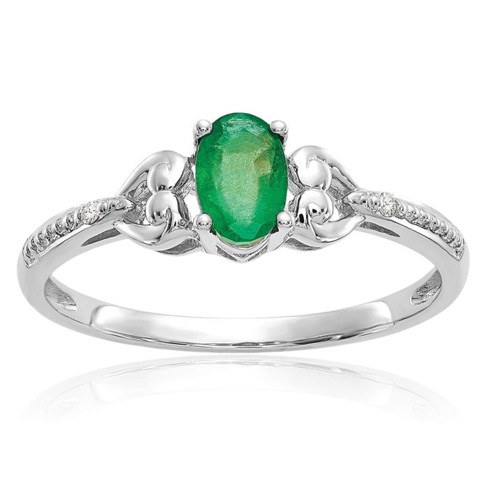 10K Solid White Gold Green Emerald Diamond Ring Gemstone Band May Birthstone Jewelry