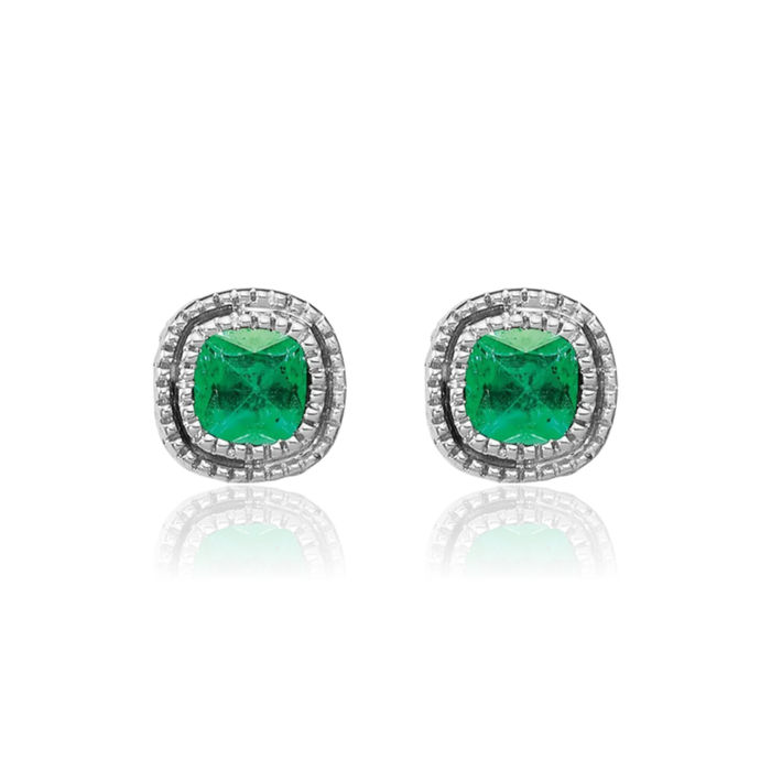 10K Solid White Gold Green Emerald Diamond Stud Solitaire Earrings May Birthstone Jewelry