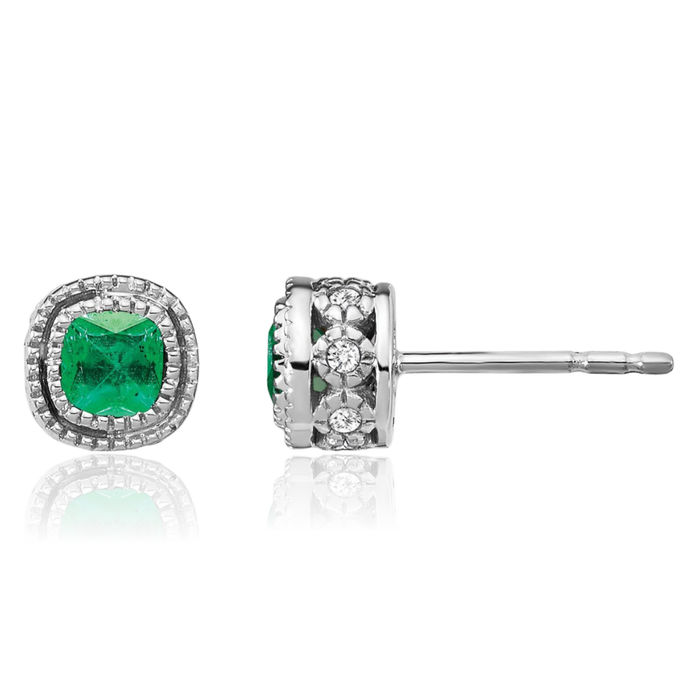 10K Solid White Gold Green Emerald Diamond Stud Solitaire Earrings May Birthstone Jewelry