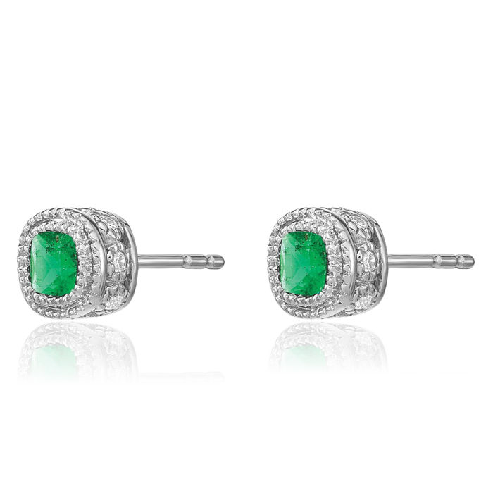 10K Solid White Gold Green Emerald Diamond Stud Solitaire Earrings May Birthstone Jewelry