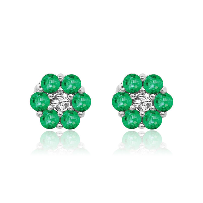 10K Solid White Gold Green Emerald Diamond Studs Gemstone Earrings May Birthstone Jewelry