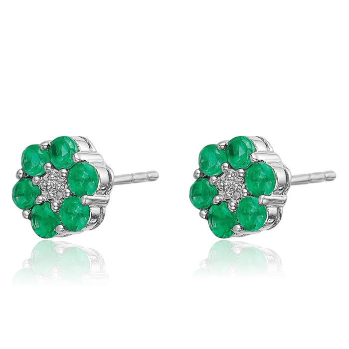 10K Solid White Gold Green Emerald Diamond Studs Gemstone Earrings May Birthstone Jewelry