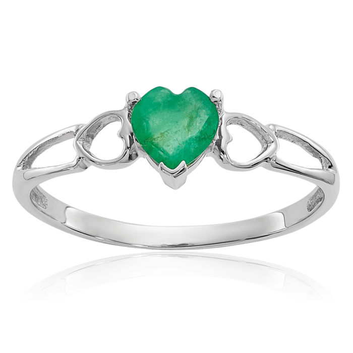 10K Solid White Gold Green Emerald Heart Ring Gemstone Love Band May Birthstone Jewelry