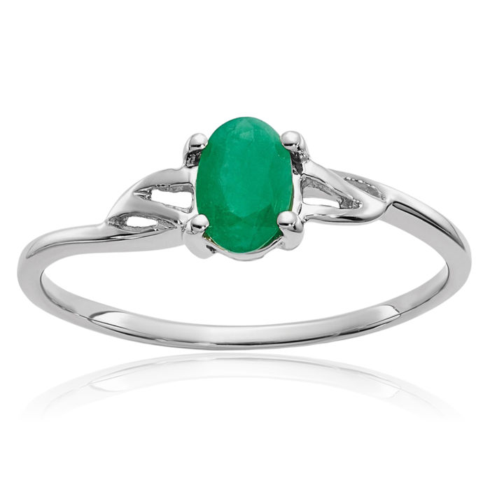 10K Solid White Gold Green Emerald Ring Gemstone Band May Birthstone Jewelry