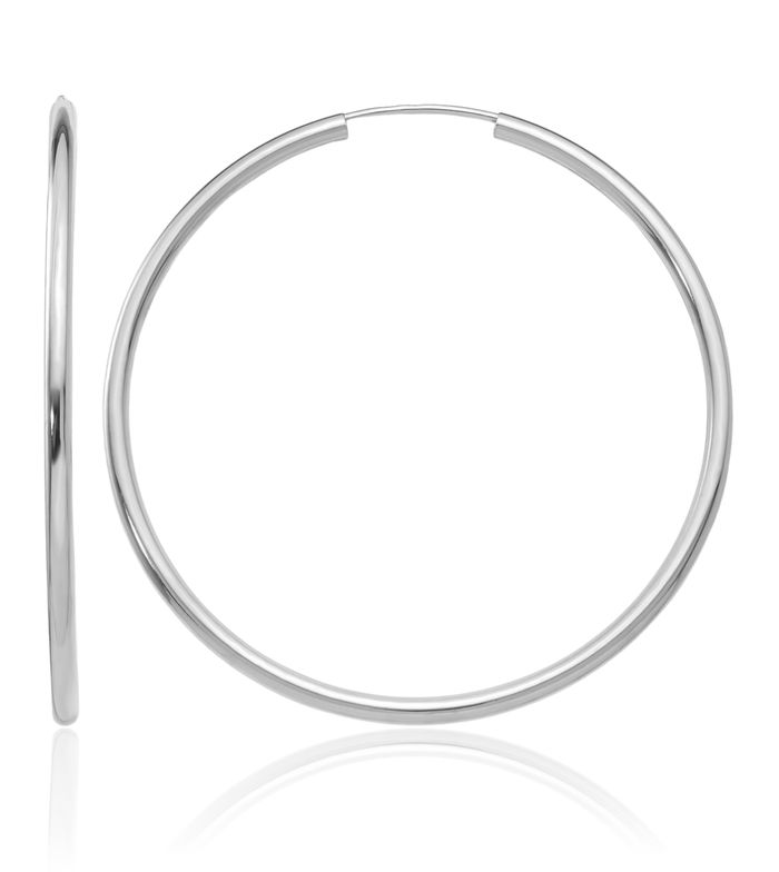 10K Solid White Gold Endless 2mm Round Large Hoop Earrings