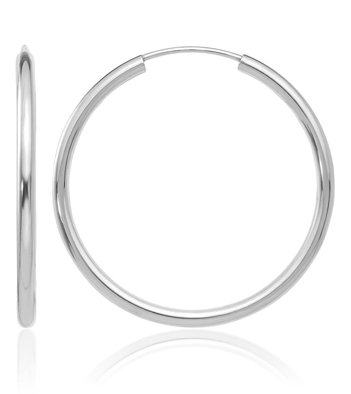 10K Solid White Gold Endless 2mm Round Medium Hoop Earrings
