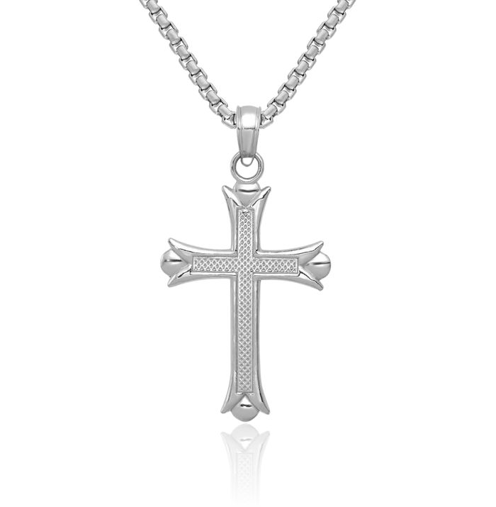 10K Solid White Gold French Fleur De Lis Lily Flower Holy Cross Necklace Religious Chain Pendant Jesus Christ Charm