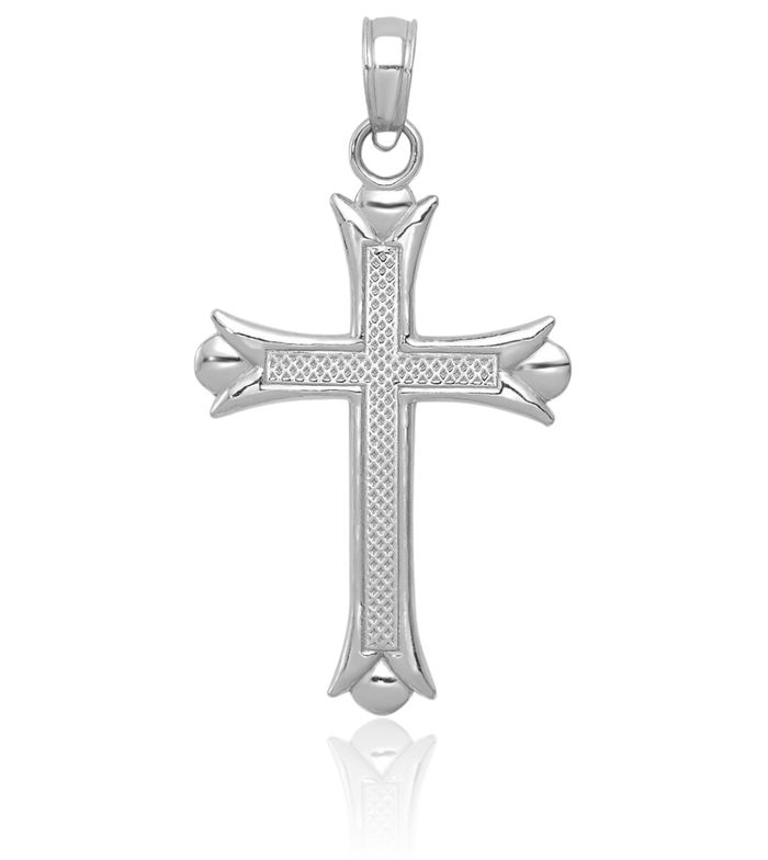 10K Solid White Gold French Fleur De Lis Lily Flower Holy Cross Necklace Religious Chain Pendant Jesus Christ Charm