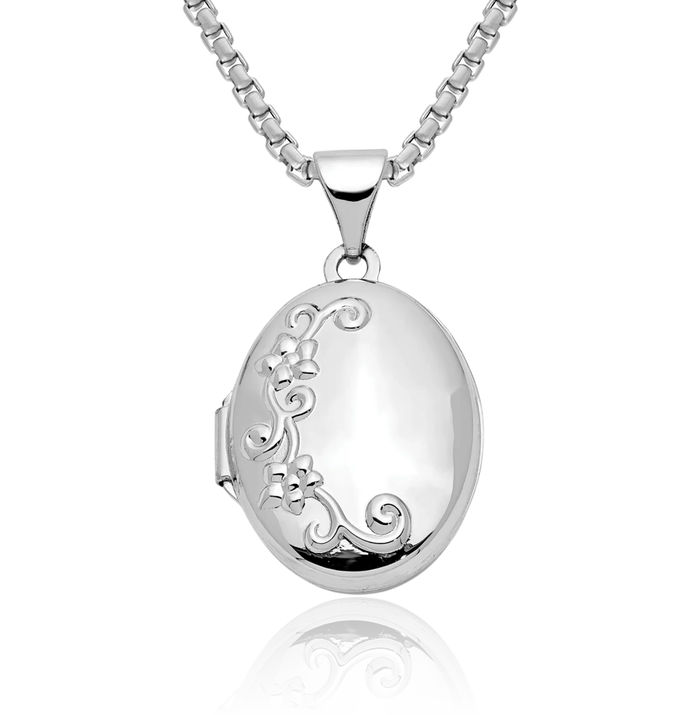 10K Solid White Gold Flower Oval Personalized Photo Locket Necklace Picture Pendant Charm