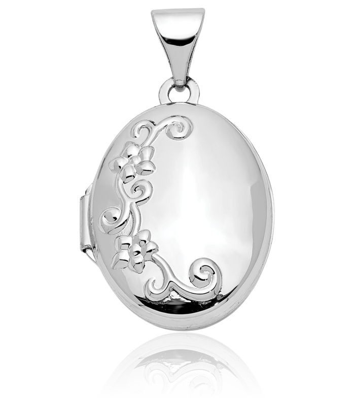 10K Solid White Gold Flower Oval Personalized Photo Locket Necklace Picture Pendant Charm