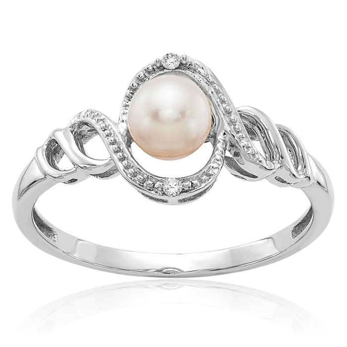 10K Solid White Gold Freshwater Cultured Pearl Diamond Ring June Birthstone Jewelry