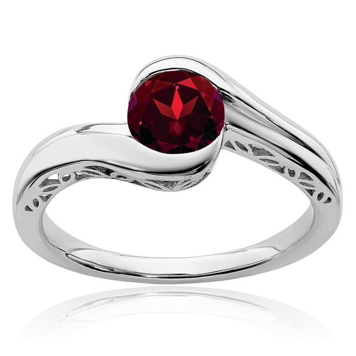 10K Solid White Gold Red Garnet Bypass Ring Gemstone Band