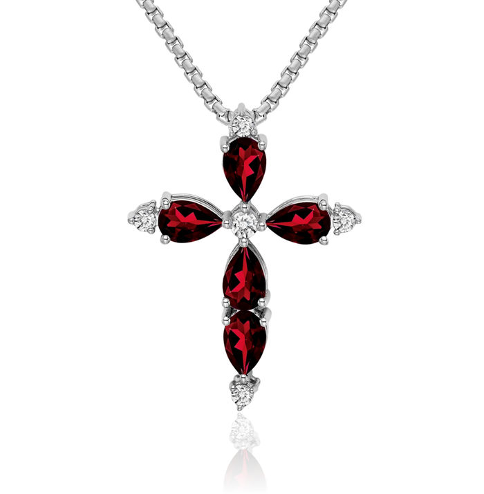 10K Solid White Gold Red Garnet Diamond Holy Cross Floating Chain Slide Pendant Necklace Religious Jesus Christ Charm