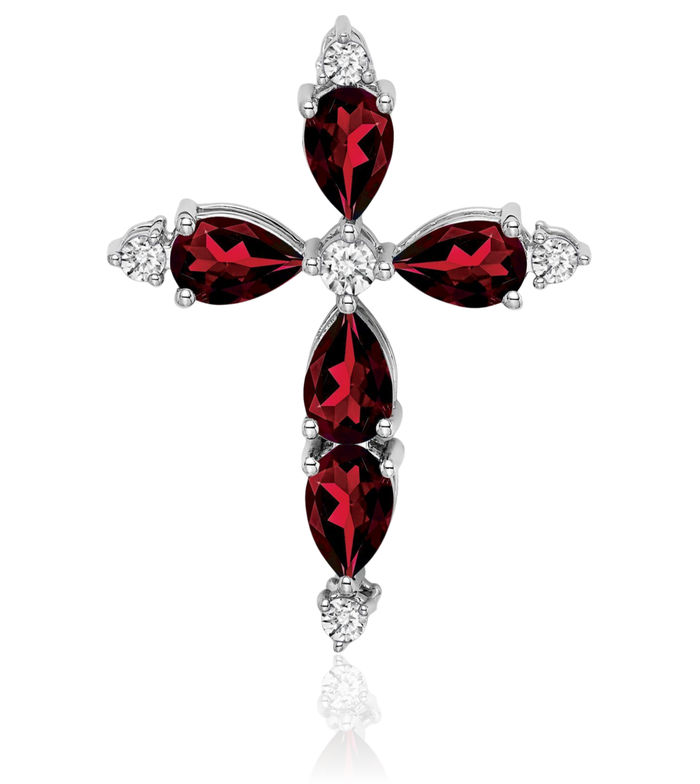 10K Solid White Gold Red Garnet Diamond Holy Cross Floating Chain Slide Pendant Necklace Religious Jesus Christ Charm