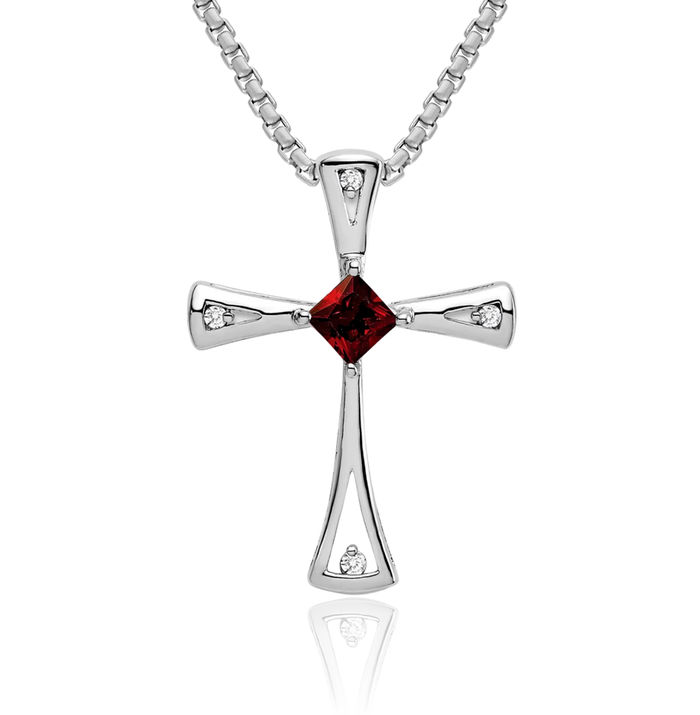 10K Solid White Gold Red Garnet Diamond Holy Cross Necklace Charm Gemstone Pendant