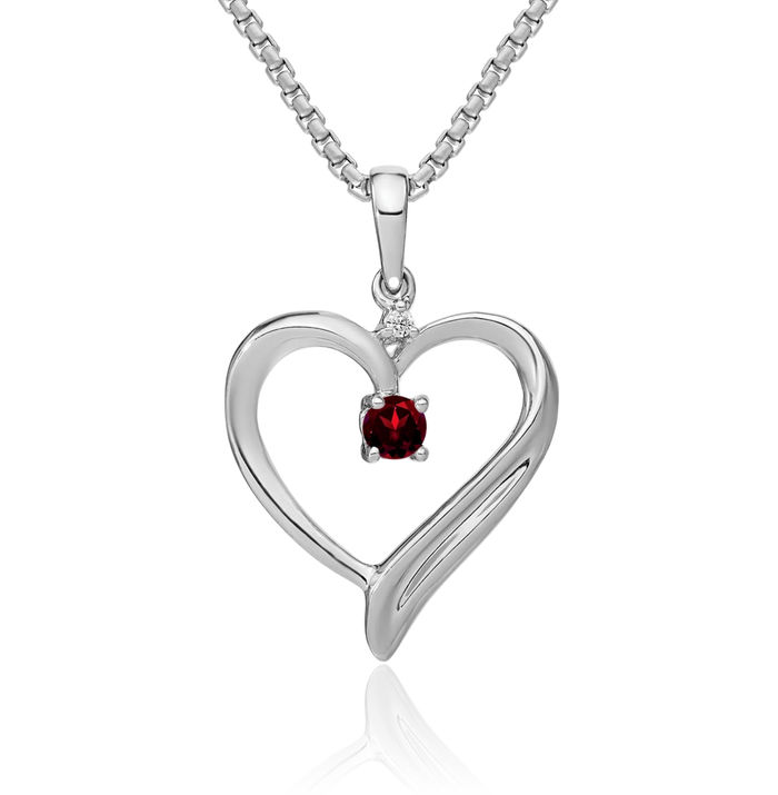 10K Solid White Gold Red Garnet Diamond Heart Necklace Charm Gemstone Pendant