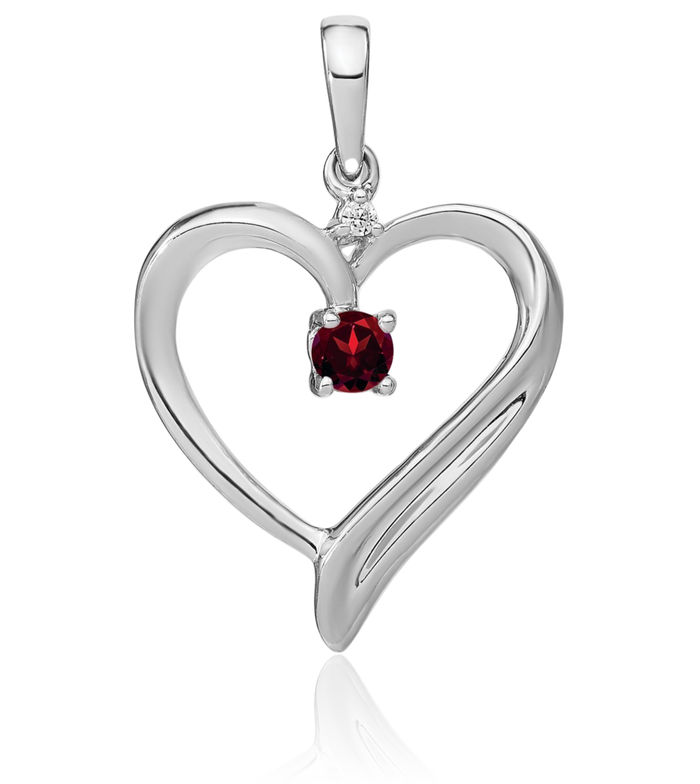 10K Solid White Gold Red Garnet Diamond Heart Necklace Charm Gemstone Pendant