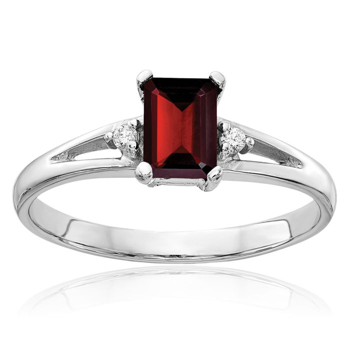 10K Solid White Gold Red Garnet Diamond Ring Gemstone Band