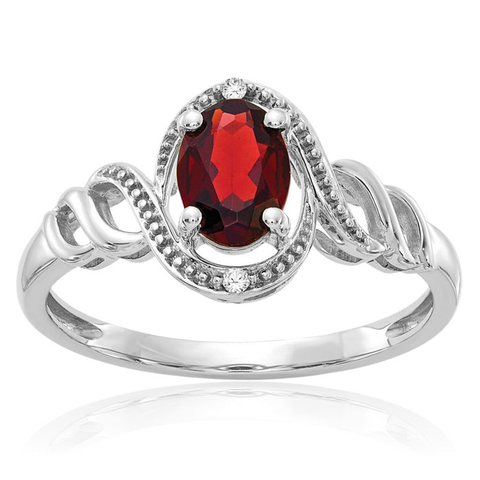 10K Solid White Gold Red Garnet Diamond Ring Gemstone Band January Birthstone Jewelry