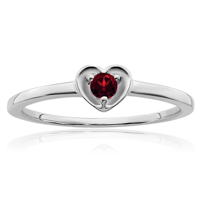 10K Solid White Gold Red Garnet Heart Ring Gemstone Love Band January Birthstone Jewelry