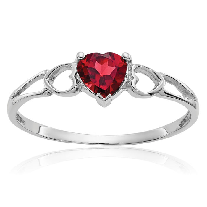 10K Solid White Gold Red Garnet Heart Ring Gemstone Love Band January Birthstone Jewelry