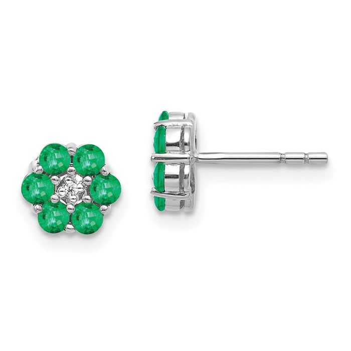 10K Solid White Gold Green Emerald Diamond Studs Gemstone Earrings May Birthstone Jewelry