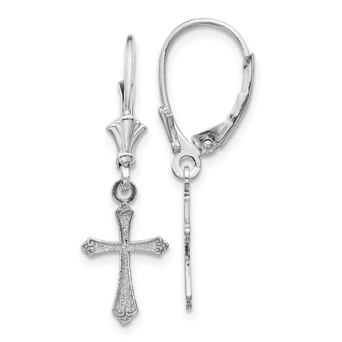 10K Solid White Gold Hanging Holy Cross Christian Religious Drop Dangle Earrings