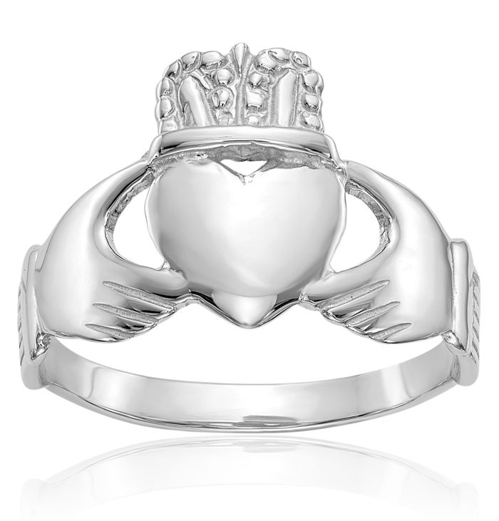 10K Solid White Gold Heart Irish Claddagh Celtic Ring Chunky Dome Statement Band Jewelry