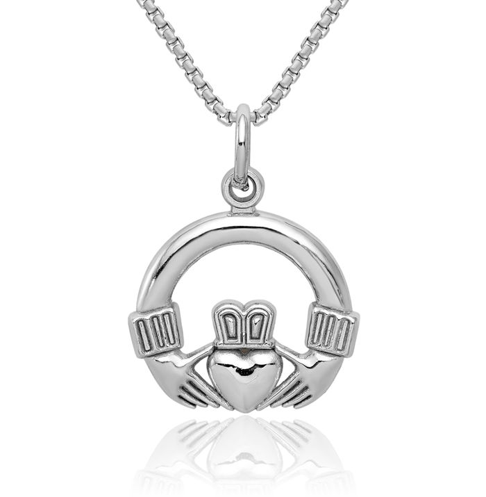 10K Solid White Gold Heart Irish Claddagh Necklace Celtic Charm Pendant Jewelry