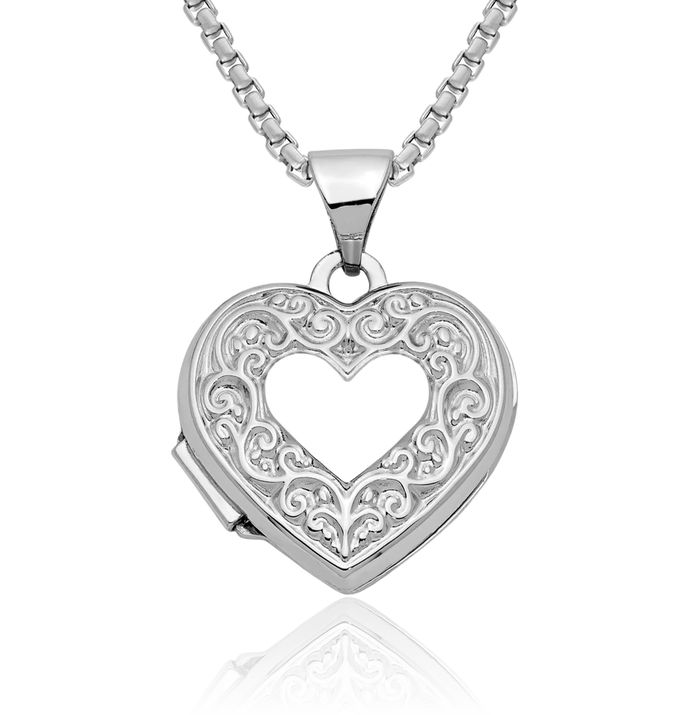 10K Solid White Gold Heart Personalized Photo Locket Necklace Picture Pendant Charm