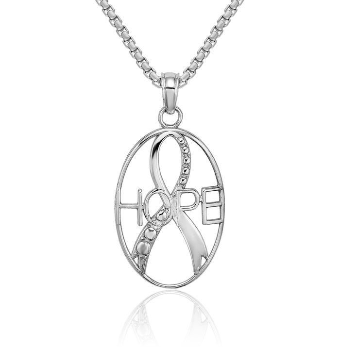 10K Solid White Gold Hope Cancer Awareness Ribbon Necklace Chain Pendant Charm