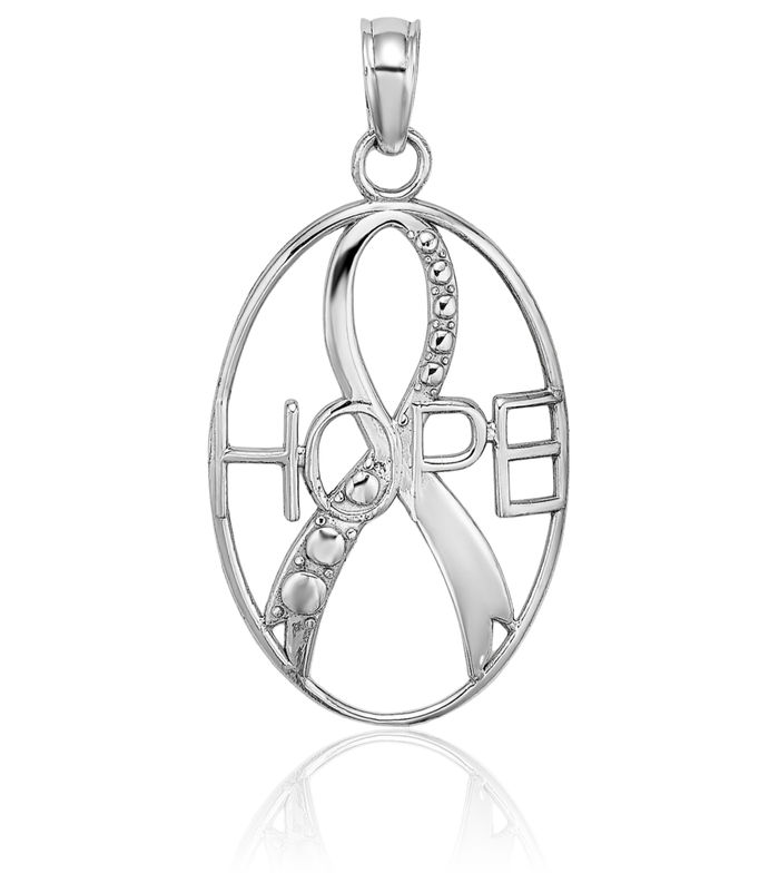 10K Solid White Gold Hope Cancer Awareness Ribbon Necklace Chain Pendant Charm