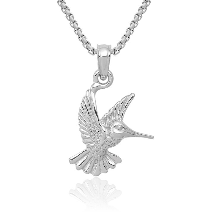 10K Solid White Gold Hummingbird Necklace Bird Pendant Charm