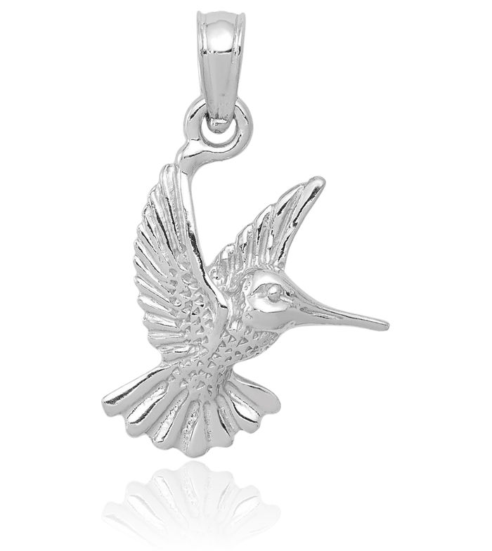 10K Solid White Gold Hummingbird Necklace Bird Pendant Charm