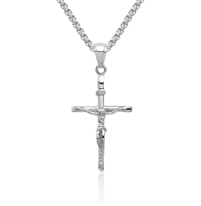 10K Solid White Gold Inri Lord Jesus Christ Crucifix Holy Cross Necklace Religious Chain Pendant Charm