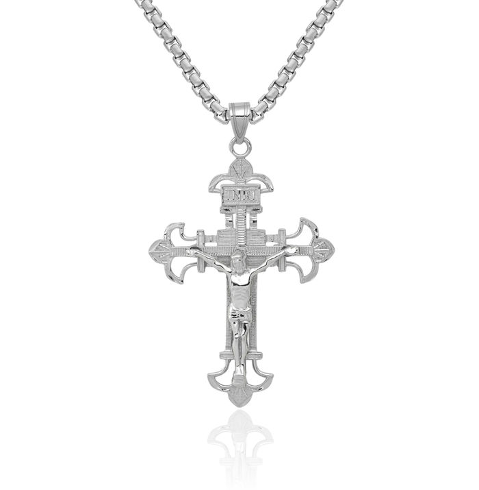 10K Solid White Gold Inri Lord Jesus Christ Crucifix Holy Cross Necklace Religious Chain Pendant Charm