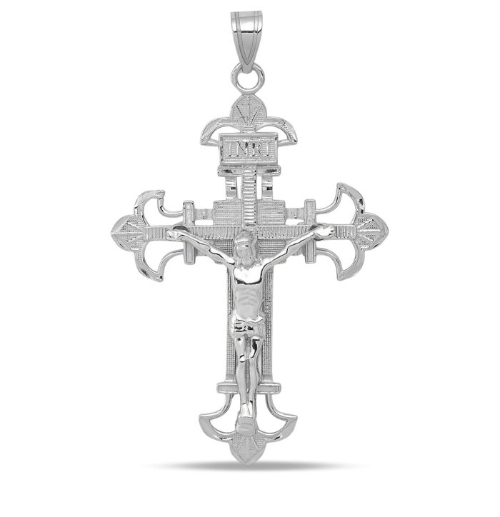 10K Solid White Gold Inri Lord Jesus Christ Crucifix Holy Cross Necklace Religious Chain Pendant Charm